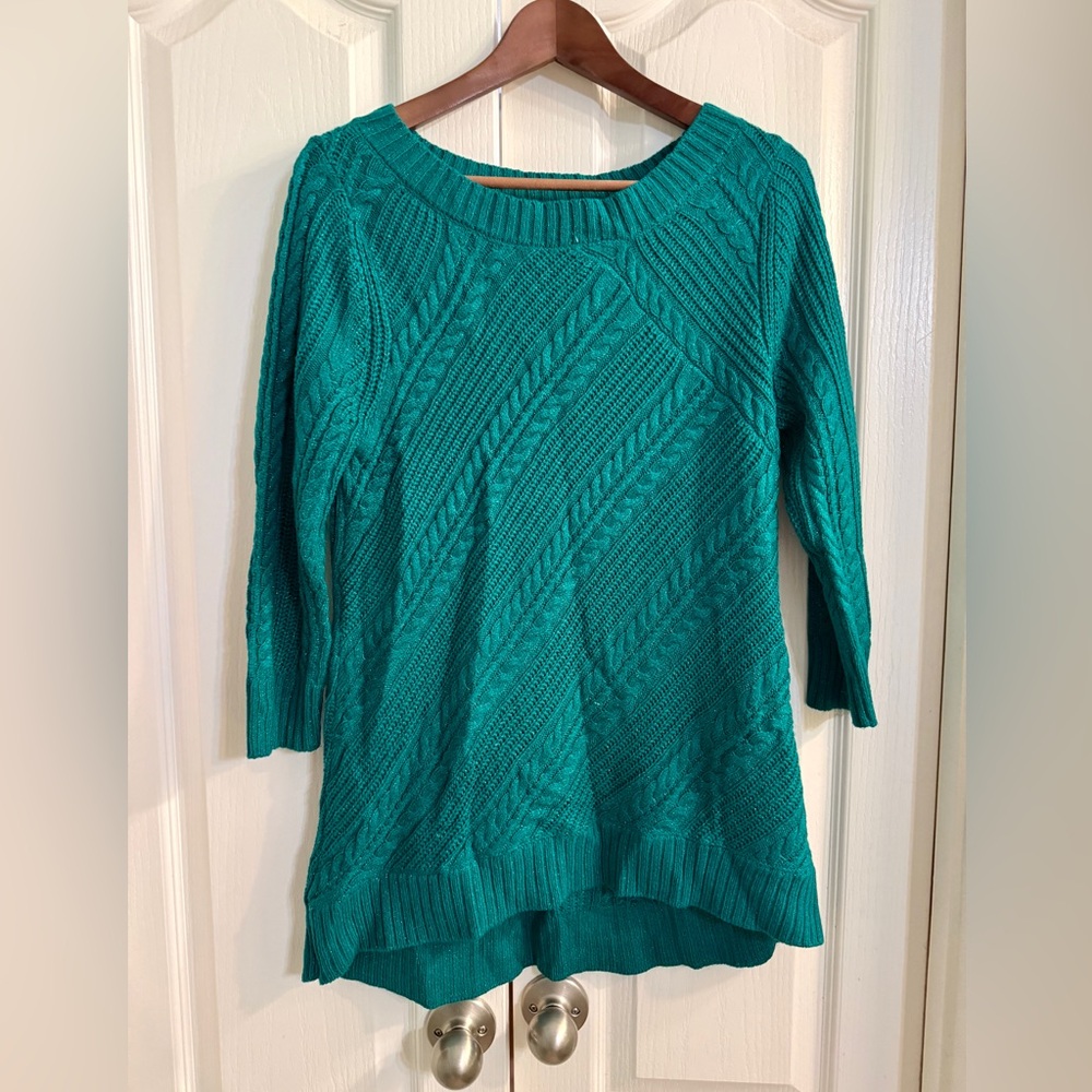 Beautiful Teal Cable-Stitch Scoop Neck Sweater w/ Subtle Shimmer